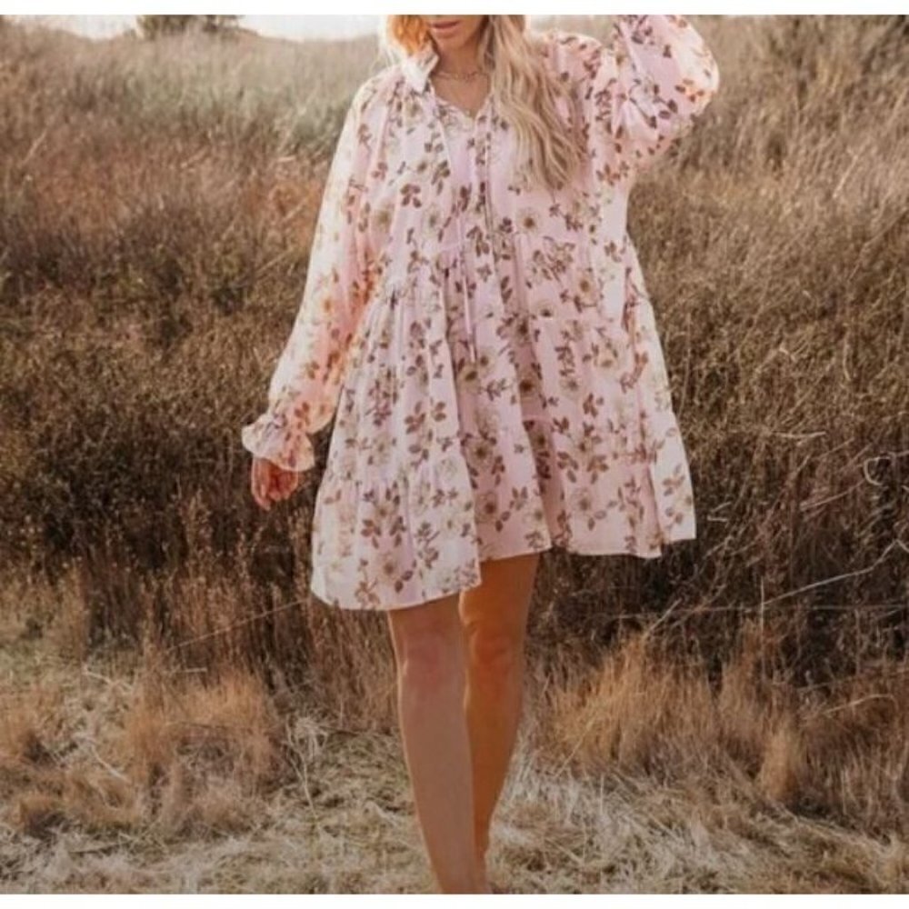 Vici Dress Womens Large Pink Floral Tiered Babydoll Tie Neck Prairie Flowy Boho